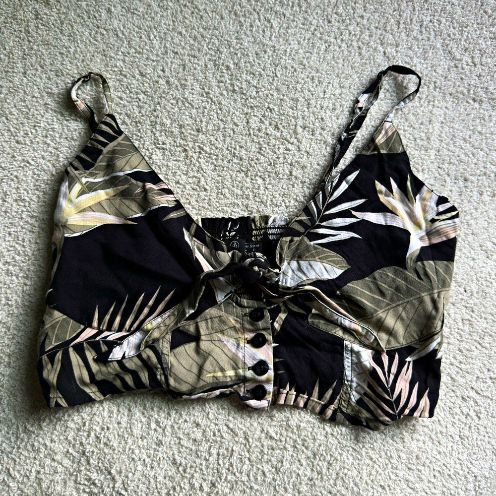 Volcom Floral Halter Crop Top Women's Size 10 Black Pink Cream Boho Y2K Casual
